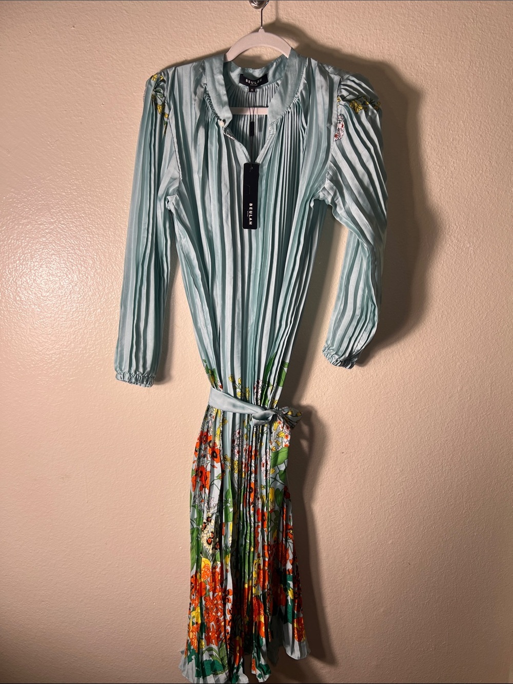 Pleated Floral Hem Light Blue Midi Dress size S